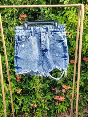 High-Rise Acid Wash Button Fly Denim Shorts - Blue